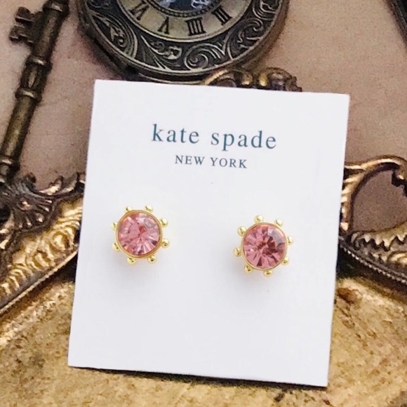 KATE SPADE • Blush Flying Colors Pink Bezel Gold Stud Earrings - Picture 4 of 4